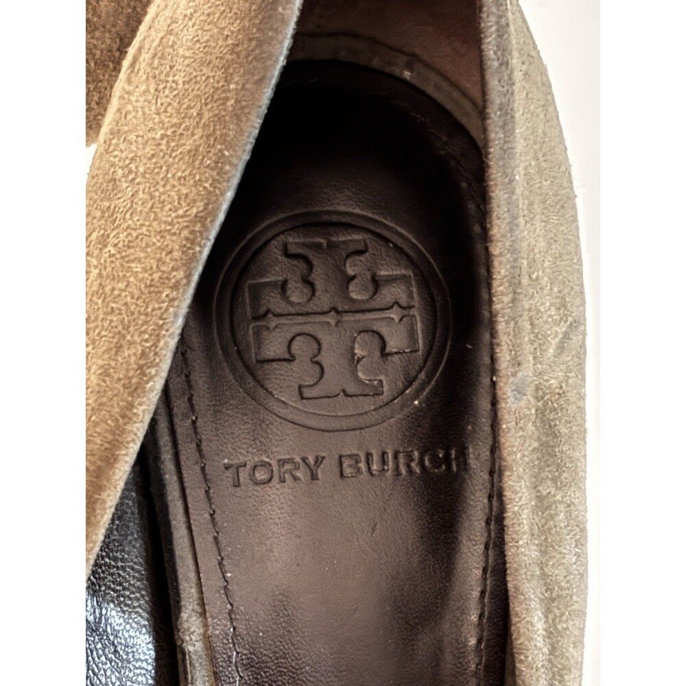 Tory Burch Suede Snakeskin Cap Toe Pumps Size 8 Gold Logo Leather Sole Heels - Picture 5 of 9